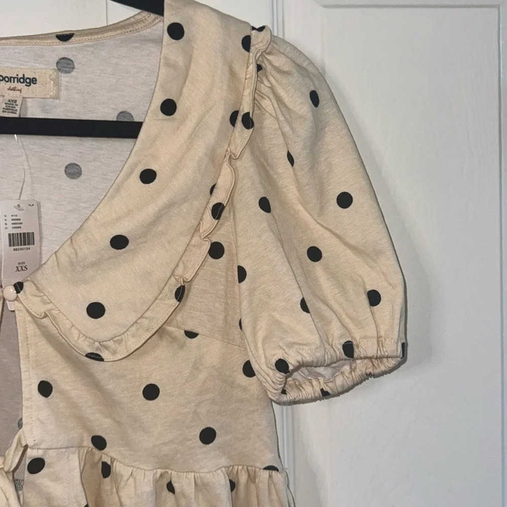 NWOT Anthropologie Cream Polka Dot Women's Peplum Linen Tie-Front Bubble Top - Picture 4 of 7